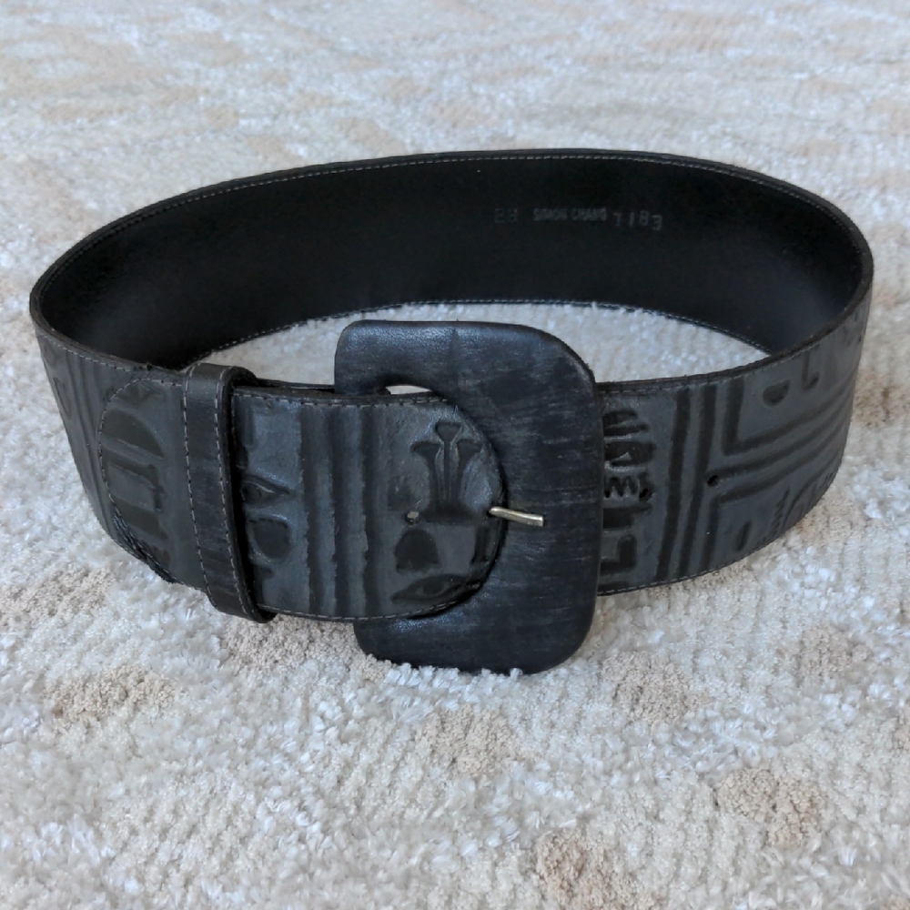 Black Tooled Leather Belt, Wide With Sacred Symbols, 27" - 29" Long